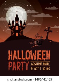 halloween celebration card with cemetery and castle scene