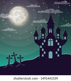 halloween celebration card with cemetery and castle scene