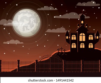 halloween celebration card with cemetery and castle scene