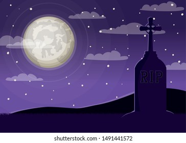 halloween celebration card with cemetery and cross grave scene