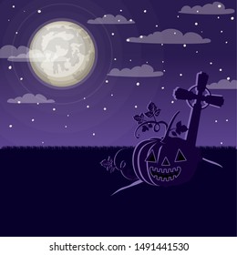 halloween celebration card with cemetery and pumpkin scene