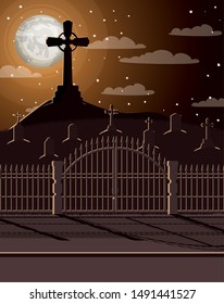 halloween celebration card with cemetery scene