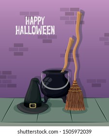 halloween celebration card with witch cauldron and broom