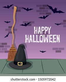 halloween celebration card with witch hat and broom