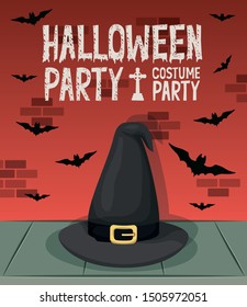 halloween celebration card with witch hat and bats