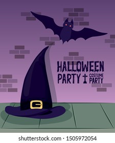 halloween celebration card with witch hat and bat