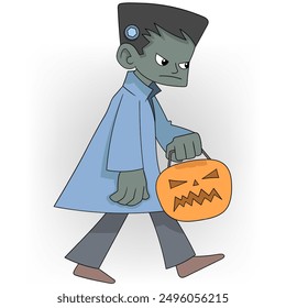 Halloween celebration cartoon illustration, Frankenstein's monster is walking carrying a pumpkin