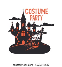 halloween celebration with castle in cemetery scene vector illustration design