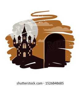 halloween celebration with castle in cemetery scene vector illustration design