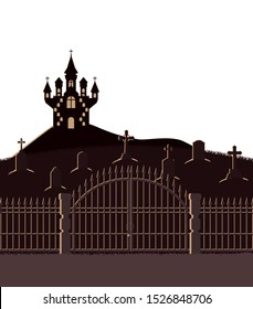 halloween celebration with castle in cemetery scene vector illustration design