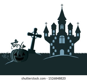 halloween celebration with castle in cemetery scene vector illustration design