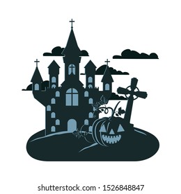 halloween celebration with castle in cemetery scene vector illustration design