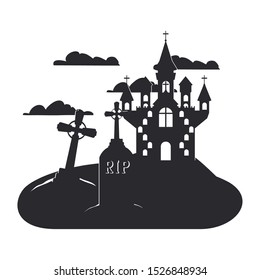 halloween celebration with castle in cemetery scene vector illustration design