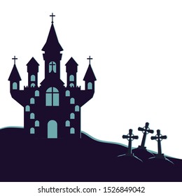 halloween celebration with castle in cemetery scene vector illustration design