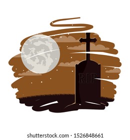 halloween celebration with cemetery and moon scene vector illustration design