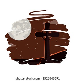 halloween celebration with cemetery and moon scene vector illustration design
