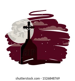 halloween celebration with cemetery and moon scene vector illustration design