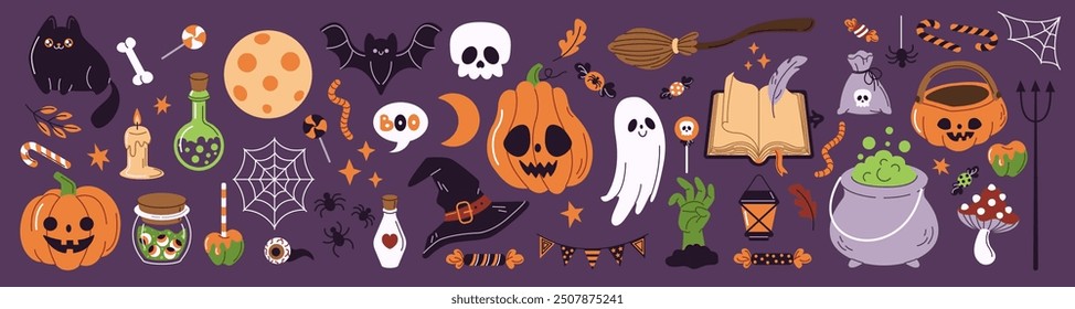 Halloween celebration characters and objects flat color vector icon set. Spooky holiday party illustration pack on purple background