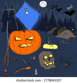 Halloween celebration concept. All attributes for the holiday are isolated. Drawn by hand. Line graphics. Vector illustration