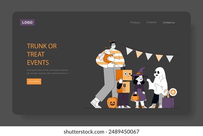 Halloween celebration concept. A happy family dresses up for trick-or-treating with playful costumes and spooky decorations. Vector illustration.