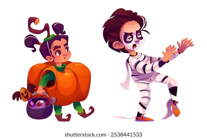 Concepto de celebración de Halloween con niños en trajes festivos. Linda niña vestida como calabaza llevando caldero mágico. Niño con traje de momia de pie en pose dramática. Conjunto de Vector de dibujos animados.