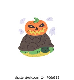Halloween celebration concept. Vector illustration of a turtle wearing a pumpkin head, surrounded by whimsical ghosts, perfect for festive designs.