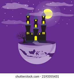 Halloween celebration with devil's house and floating dry tree