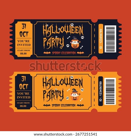 Halloween Celebration Entry Ticket with Pumpkins, Skulls, and Bats.
