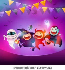 Halloween Celebration Fun Party. Group of kids in Halloween costume.