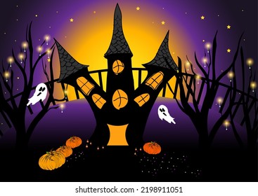 Halloween Celebration. Gloomy background concept with castle, trees, pumpkins and ghosts. Vector illustration