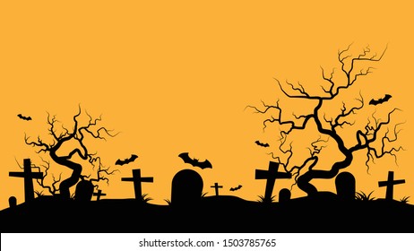 Halloween celebration graveyards background in silhouette orange and black color style.