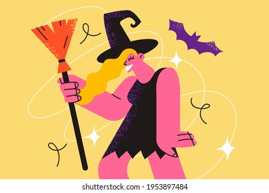 Halloween celebration, holiday and festival concept. Portrait pretty smiling young woman cartoon character wizard holding broom during event over yellow background vector illustration 