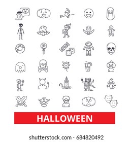 Halloween, celebration, holiday, line icons.  Horror holiday, pumpkin outline signs set.  Halloween, icons with editable strokes.