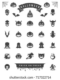 Halloween celebration icons and objects set retro style vector illustration. Pumpkins, sculls, monsters silhouettes isolated on white background.