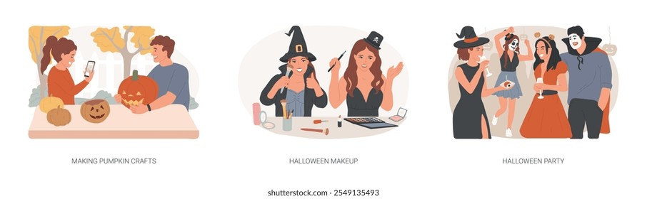 Conjunto de Ilustraciones vectoriales de dibujos animados aislados de celebración de Halloween. Hacer manualidades de calabaza, prepararse para la fiesta, usar disfraces espeluznantes, maquillaje aterrador, amigos celebran juntos dibujos animados de Vector.