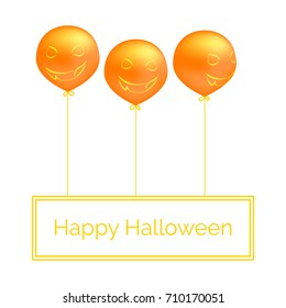 Halloween celebration label with orange balloons with pumpkin faces. Vector