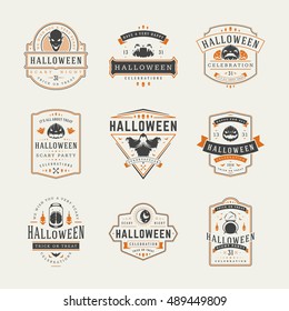 Halloween Celebration labels and badges design set vector illustration. Typographic Decorations good for greeting card, poster or flyer. EPS 10.