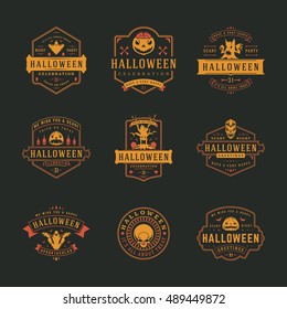 Halloween Celebration labels and badges design set vector illustration. Typographic Decorations good for greeting card, poster or flyer. EPS 10.