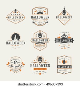 Halloween Celebration labels and badges design set vector illustration. Typographic Decorations good for greeting card, poster or flyer. EPS 10.