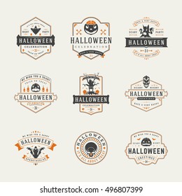 Halloween Celebration labels and badges design set vector illustration. Typographic Decorations good for greeting card, poster or flyer. EPS 10.