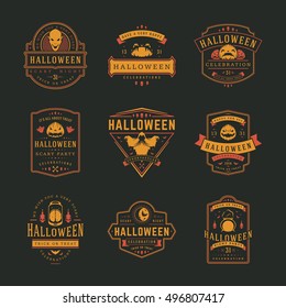 Halloween Celebration labels and badges design set vector illustration. Typographic Decorations good for greeting card, poster or flyer. EPS 10.