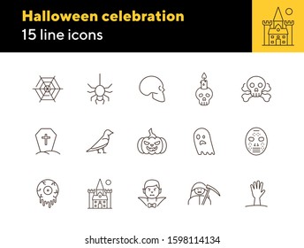 Halloween celebration line icons. Grim Reaper, ghost, pumpkin. Halloween concept. Vector illustration can be used for topics like holiday, festivals, celebration