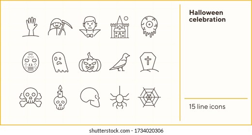 Halloween celebration line icons. Grim Reaper, ghost, pumpkin. Halloween concept. Vector illustration can be used for topics like holiday, festivals, celebration