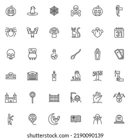 Halloween celebration line icons set. linear style symbols collection, outline signs pack. Halloween vector graphics. Set includes icons as crazy pumpkin, spider web, ghost, tombstone, zombie hand