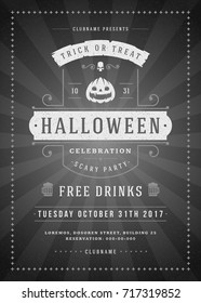 Halloween celebration night party poster or flyer design retro typography vector template. Movie ending screen style background.