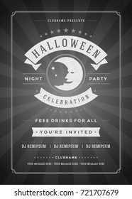 Halloween celebration night party poster or flyer design retro typography vector template. Movie ending screen style background.