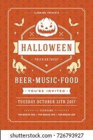 Halloween celebration night party poster or flyer design retro typography vector template. Red textured background.