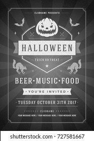 Halloween celebration night party poster or flyer design retro typography vector template. Movie ending screen style background.