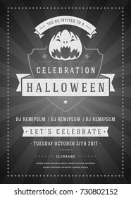 Halloween celebration night party poster or flyer design retro typography vector template. Movie ending screen style background.
