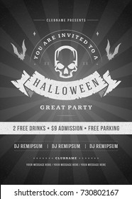 Halloween celebration night party poster or flyer design retro typography vector template. Movie ending screen style background.